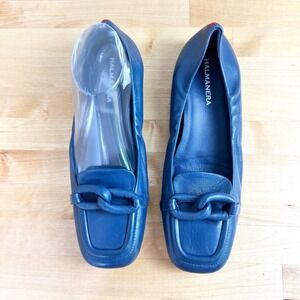 Halmanera Blue Leather Square Toe Chain Link Loafer Flats Made in Italy 39